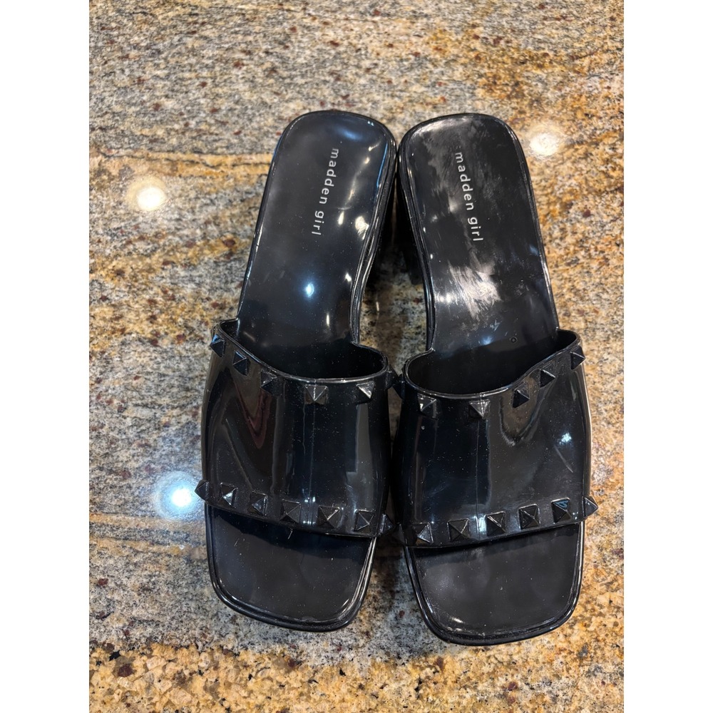 Madden Girl Black Studded Square‎ Toe Platform Slide Sandals Block Heels Size 10 - Picture 2 of 5